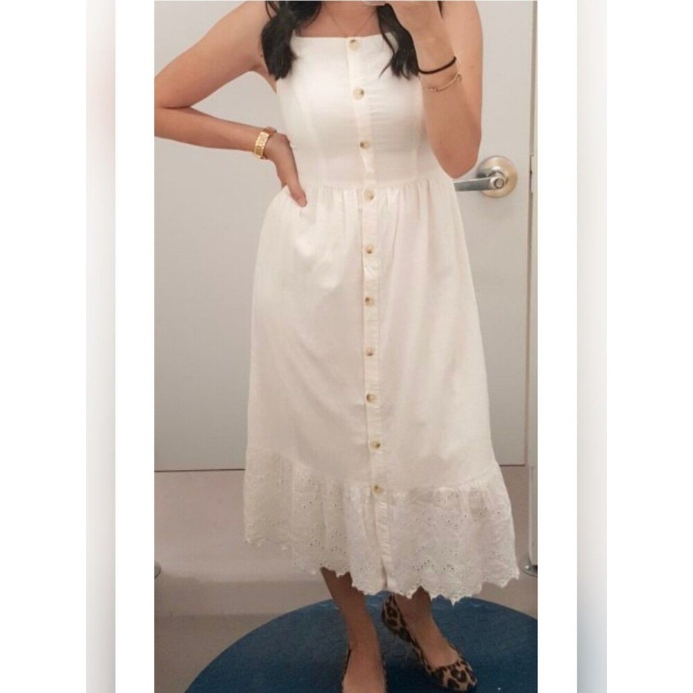 Old Navy M Linen Eyelet Button-Front Cream Midi Dress 4039-